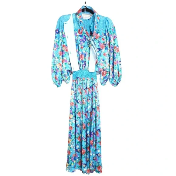 Diane Freis Womens Dress Jacket Set Vtg Georgette Blue Polka Dot Floral Maxi 6 - Picture 1 of 16